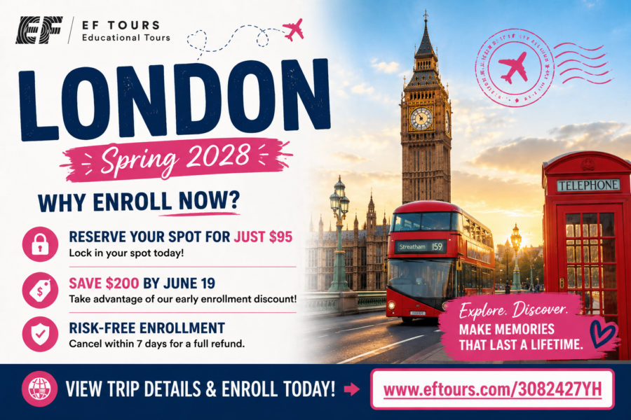 Promotional graphic for EF Tours Educational Tours advertising a trip to "LONDON Spring 2028." The right side shows a scenic view of London featuring the Elizabeth Tower (Big Ben), a red double-decker bus driving on a bridge, a classic red telephone booth, and a pink passport-style stamp with an airplane icon. A pink graphic reads, "Explore. Discover. MAKE MEMORIES THAT LAST A LIFETIME." The left side features the heading "WHY ENROLL NOW?" followed by three points with icons: Reserve your spot for just $95: Lock in your spot today! Save $200 by June 19: Take advantage of our early enrollment discount! Risk-free enrollment: Cancel within 7 days for a full refund. A blue banner at the bottom reads "VIEW TRIP DETAILS & ENROLL TODAY!" next to a white box containing the URL www.eftours.com/3082427YH.